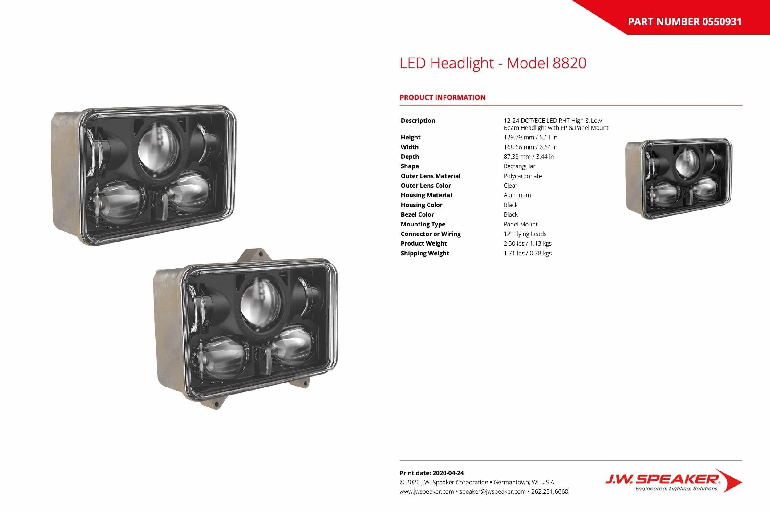 JW Speaker: 8820-12/24 Hi-Lo Front-Position DOT/ECE/M RHT