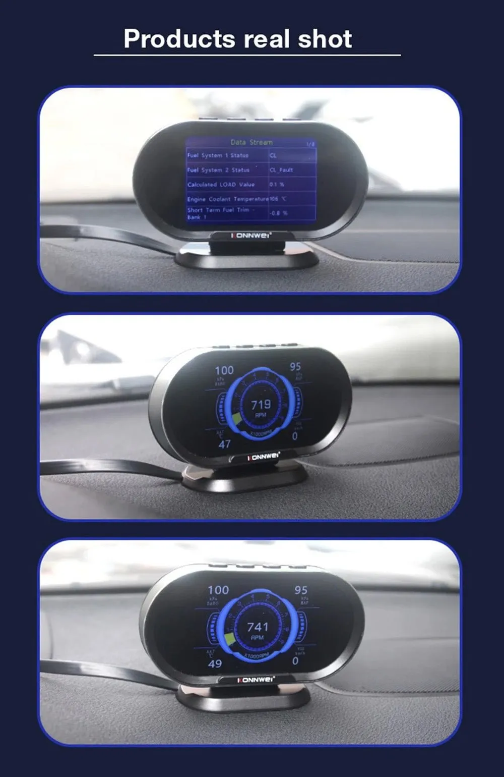 KONNWEI KW206 HUD OBD2 Car Diagnostic Scanner On-Board Computer Gauge DTC Engine Code Reader Voltage Test LCD Screen Built-in Speaker