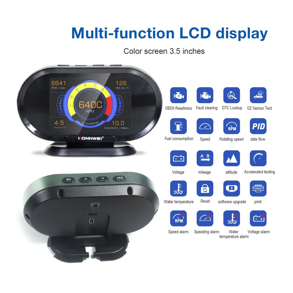 KONNWEI KW206 HUD OBD2 Car Diagnostic Scanner On-Board Computer Gauge DTC Engine Code Reader Voltage Test LCD Screen Built-in Speaker