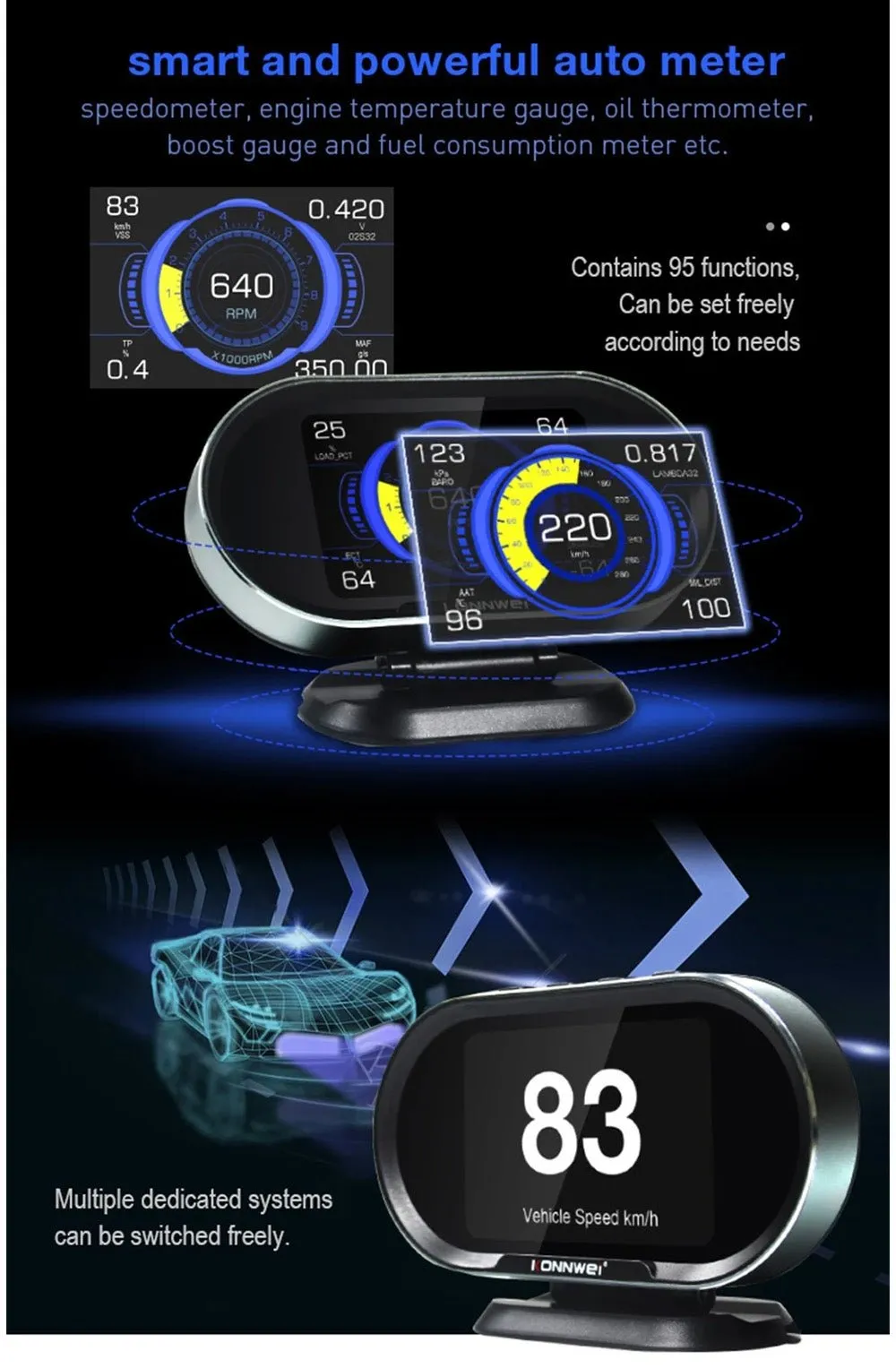 KONNWEI KW206 HUD OBD2 Car Diagnostic Scanner On-Board Computer Gauge DTC Engine Code Reader Voltage Test LCD Screen Built-in Speaker