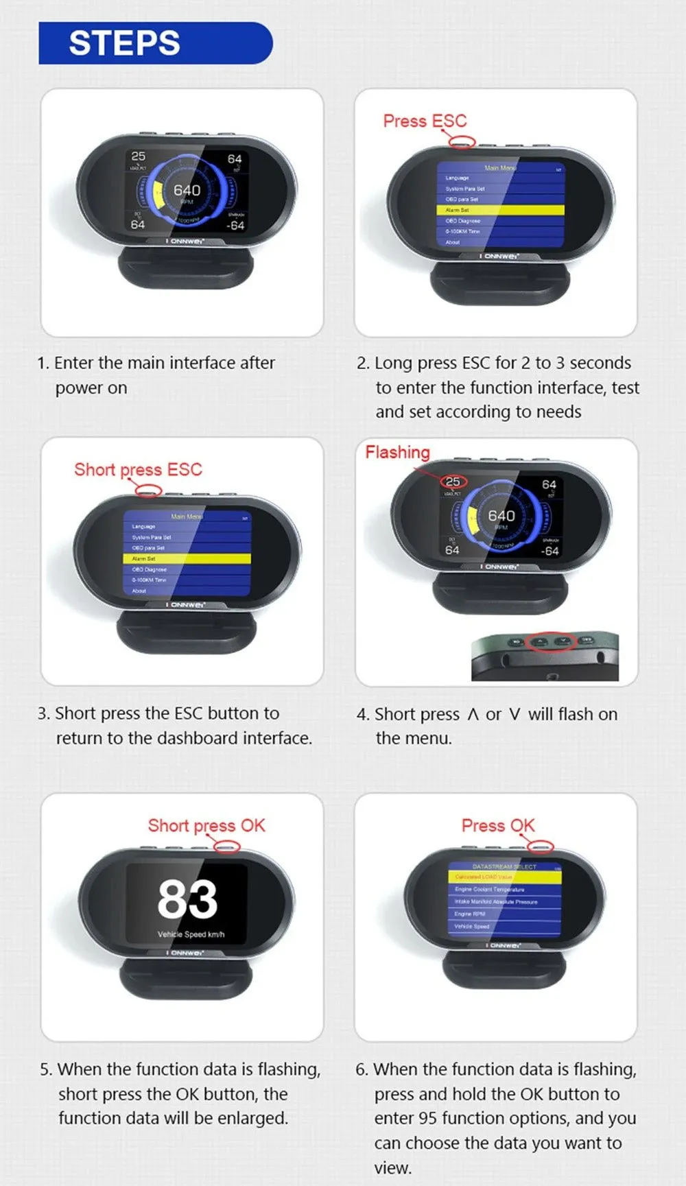 KONNWEI KW206 HUD OBD2 Car Diagnostic Scanner On-Board Computer Gauge DTC Engine Code Reader Voltage Test LCD Screen Built-in Speaker