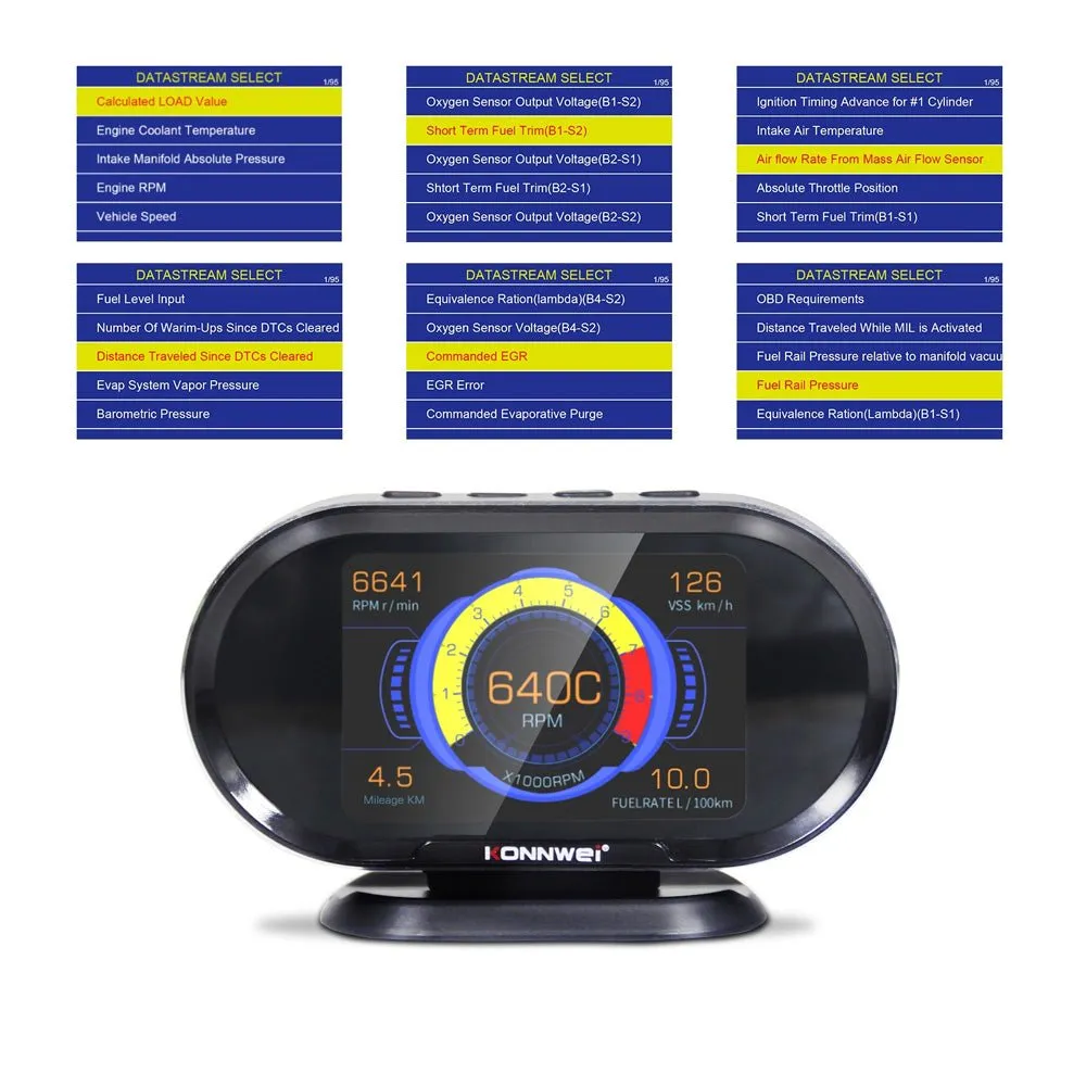 KONNWEI KW206 HUD OBD2 Car Diagnostic Scanner On-Board Computer Gauge DTC Engine Code Reader Voltage Test LCD Screen Built-in Speaker