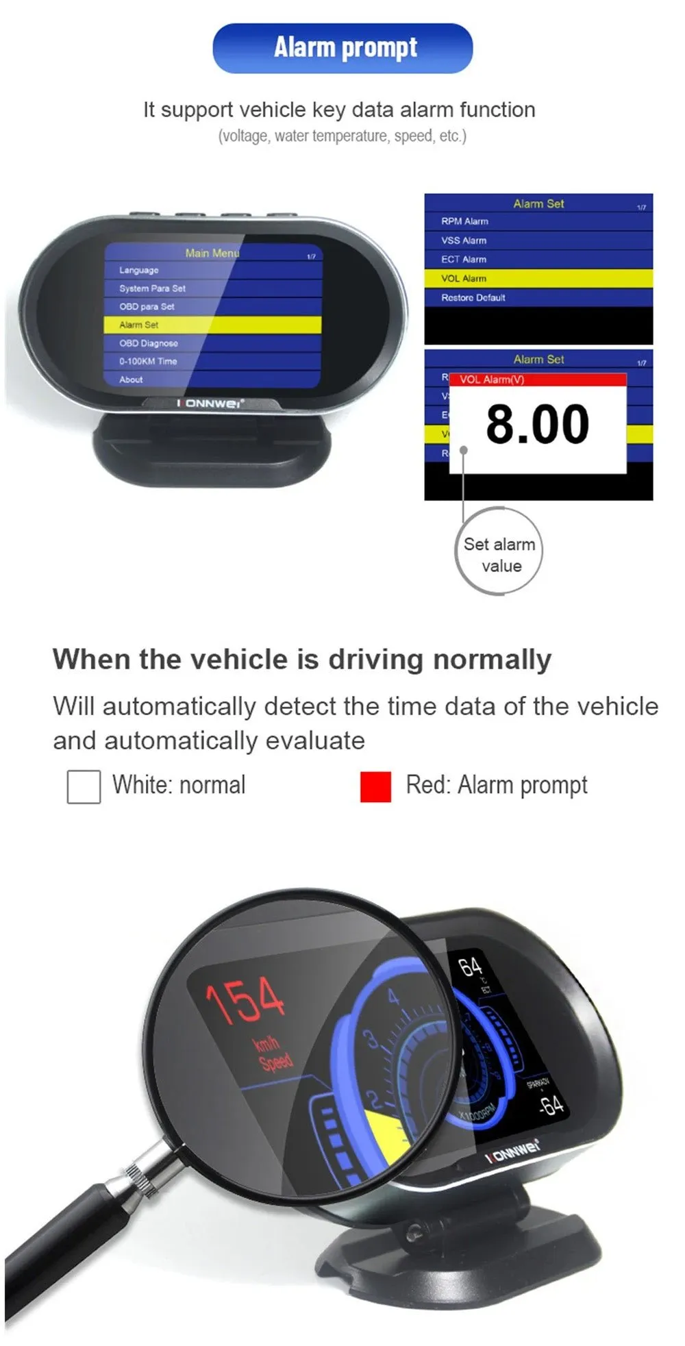 KONNWEI KW206 HUD OBD2 Car Diagnostic Scanner On-Board Computer Gauge DTC Engine Code Reader Voltage Test LCD Screen Built-in Speaker