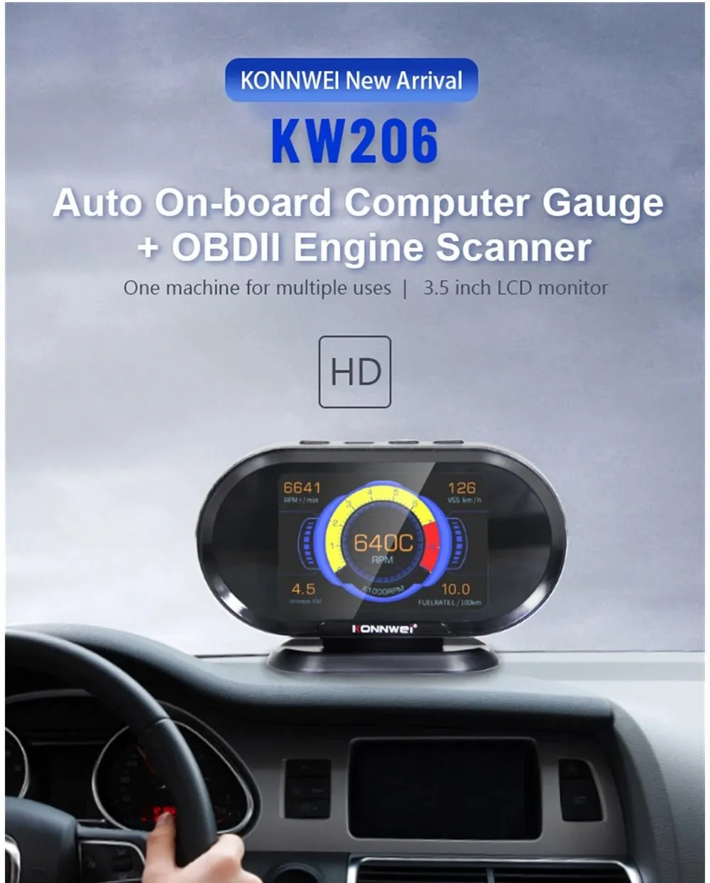 KONNWEI KW206 HUD OBD2 Car Diagnostic Scanner On-Board Computer Gauge DTC Engine Code Reader Voltage Test LCD Screen Built-in Speaker