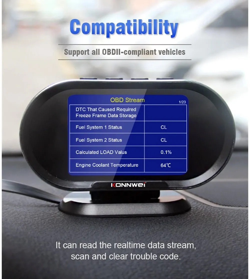 KONNWEI KW206 HUD OBD2 Car Diagnostic Scanner On-Board Computer Gauge DTC Engine Code Reader Voltage Test LCD Screen Built-in Speaker