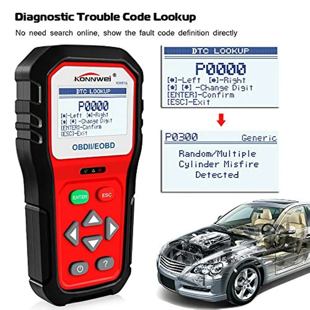 KONNWEI KW818 OBD2 Scanner 2.8" Large Screen OBDII Code Reader with Battery Test Function for All 1996 and Newer OBD II Protocol Cars