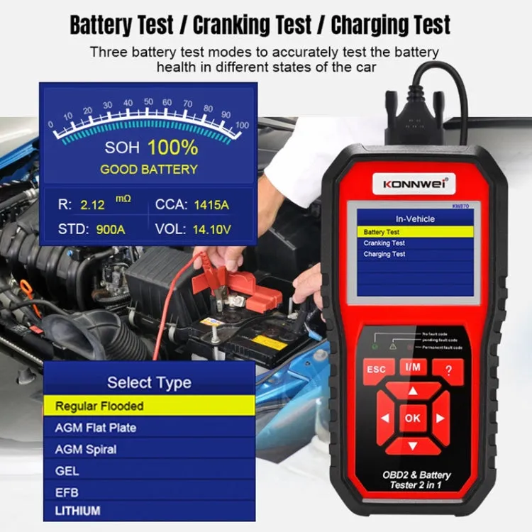 KONNWEI KW870 2 in 1 Car OBD2 Fault Diagnosis   Battery Tester