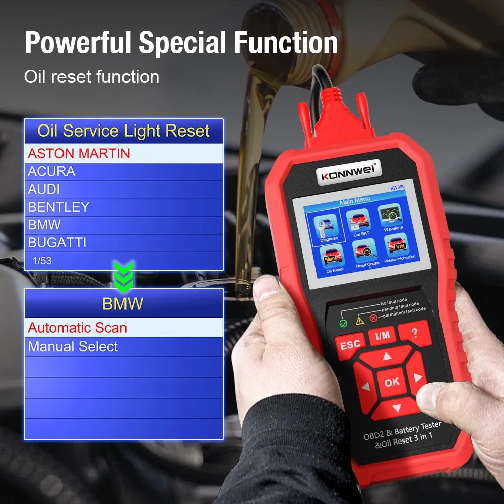 KONNWEI KW890 Battery Tester Car OBDII Oil Service Light Reset Tool OBD2 Scanner Car Professional Automotive Code Reader Diagnose Tool