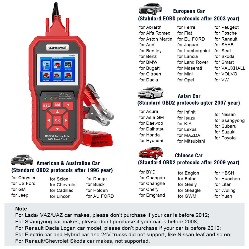 KONNWEI KW890 Battery Tester Car OBDII Oil Service Light Reset Tool OBD2 Scanner Car Professional Automotive Code Reader Diagnose Tool