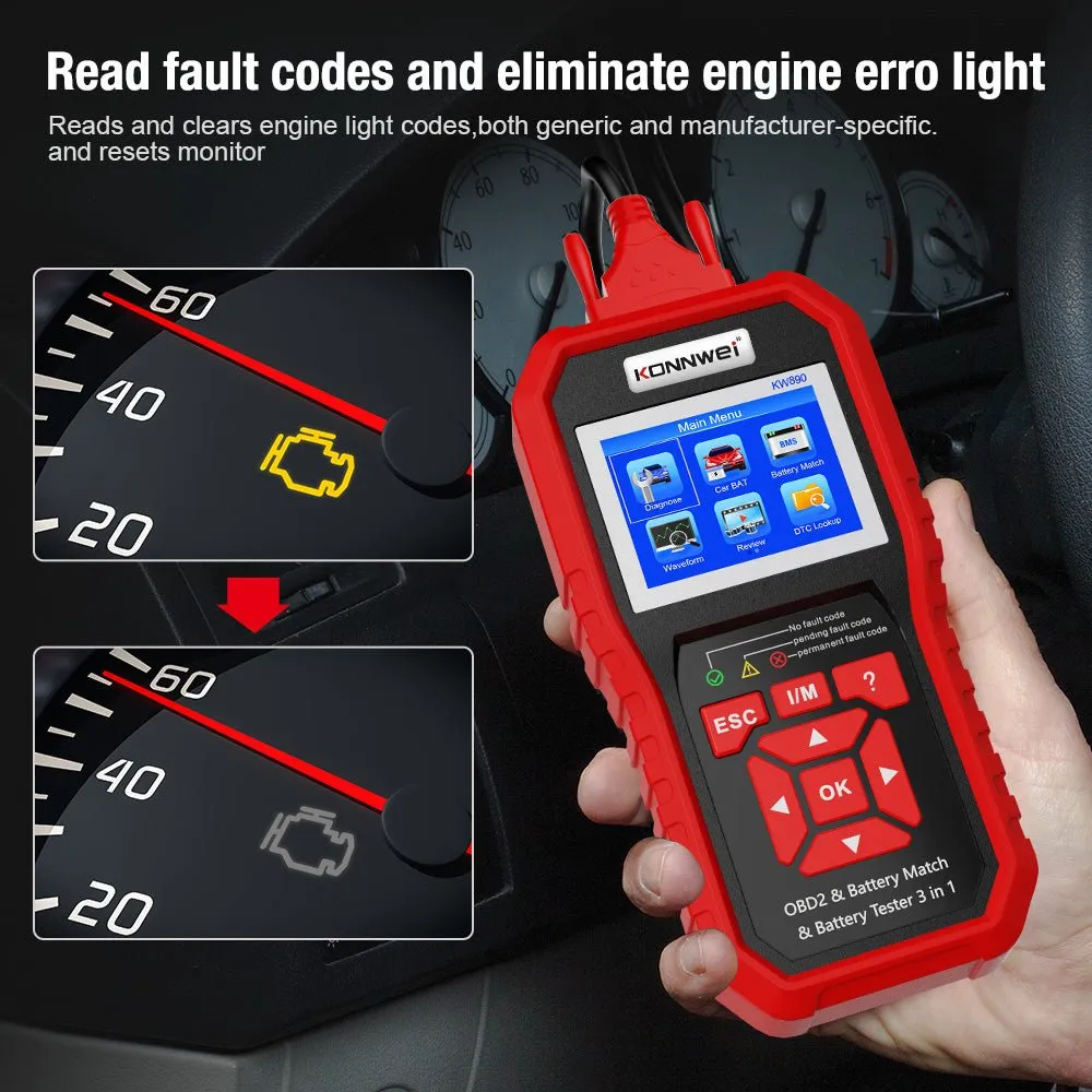 KONNWEI KW890 Battery Tester Car OBDII Oil Service Light Reset Tool OBD2 Scanner Car Professional Automotive Code Reader Diagnose Tool