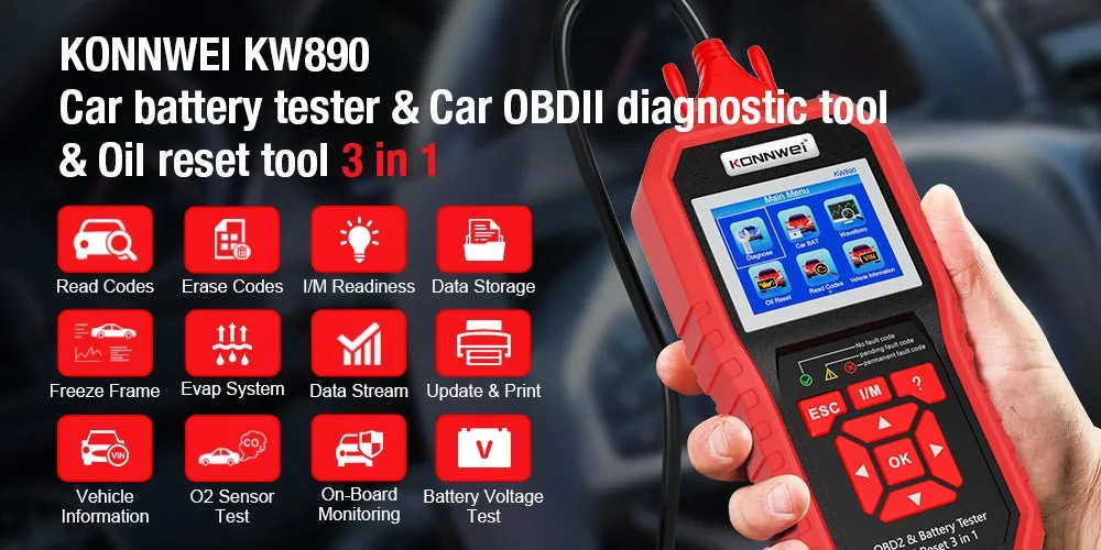 KONNWEI KW890 Battery Tester Car OBDII Oil Service Light Reset Tool OBD2 Scanner Car Professional Automotive Code Reader Diagnose Tool