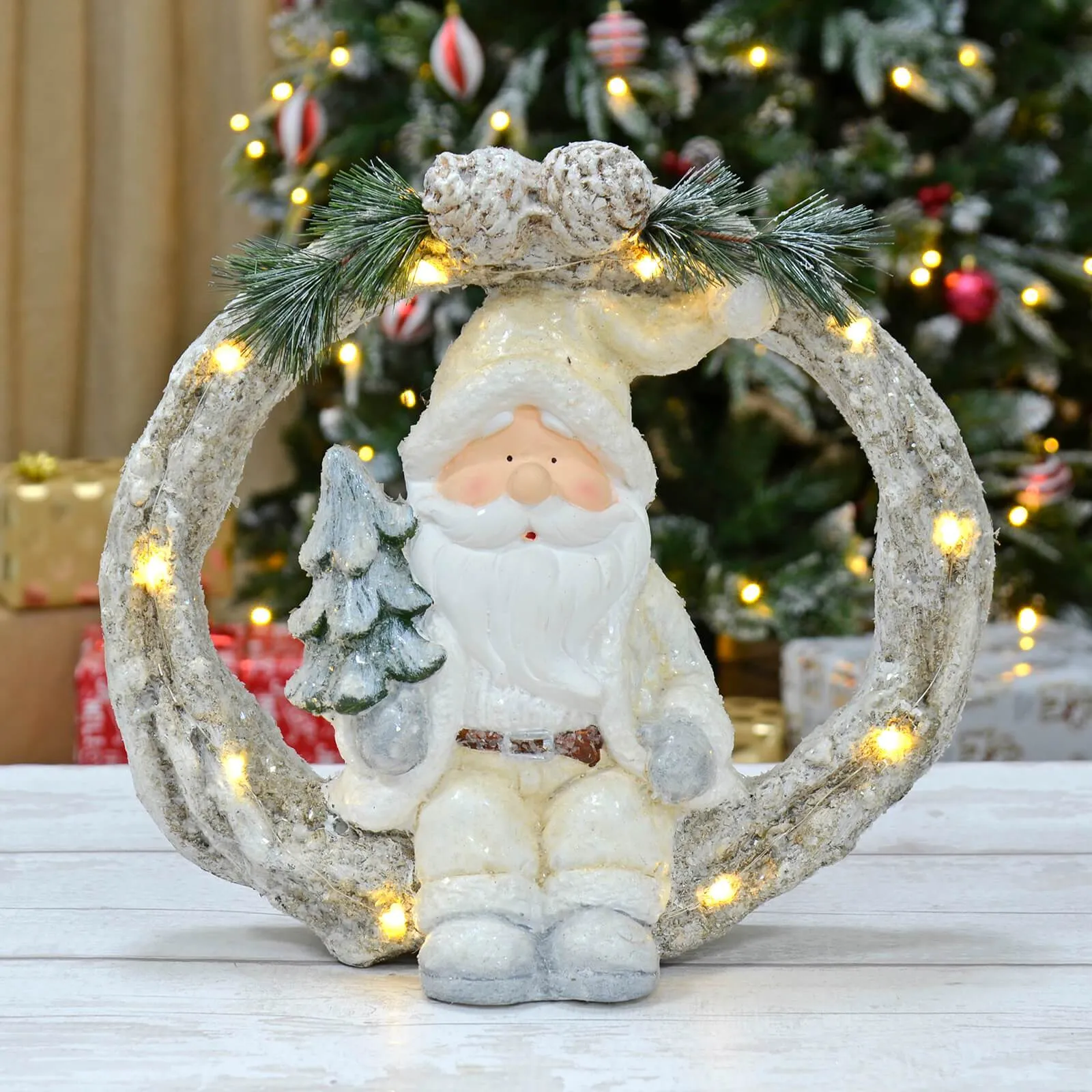 Light Up Christmas Figure On Wreath Ceramic Decoration 40cm
