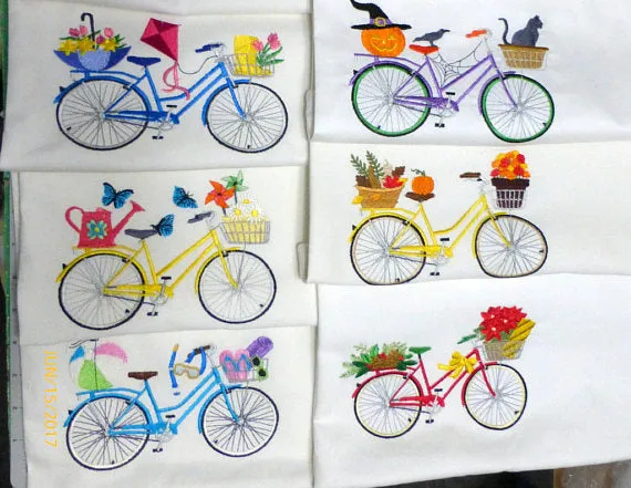 May Bike Pillow cover, Embroidered bicycle pillow, seasonal bike pillow covers