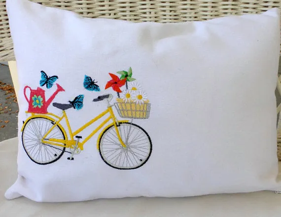 May Bike Pillow cover, Embroidered bicycle pillow, seasonal bike pillow covers