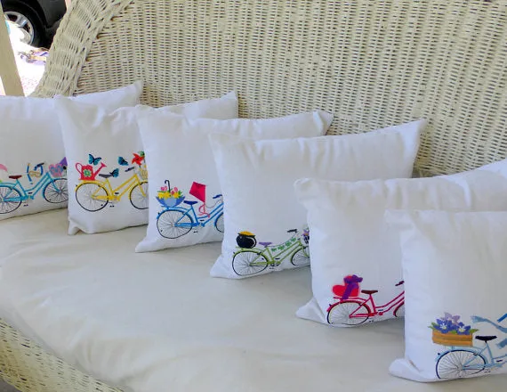 May Bike Pillow cover, Embroidered bicycle pillow, seasonal bike pillow covers