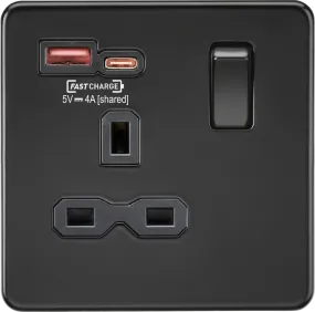 ML Knightsbridge Screwless Single Socket with Dual USB Fast Charge A C 13A 1 Gang Switched - Matt Black