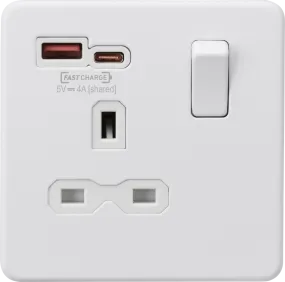 ML Knightsbridge Screwless Single Socket with Dual USB Fast Charge A C 13A 1 Gang Switched - Matt White