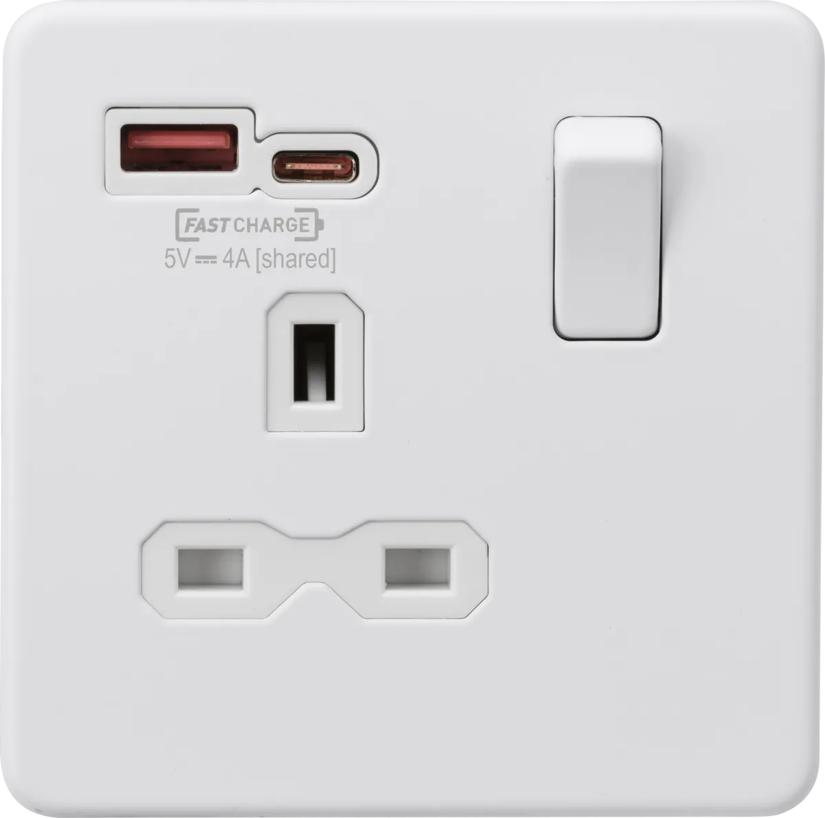 ML Knightsbridge Screwless Single Socket with Dual USB Fast Charge A C 13A 1 Gang Switched - Matt White