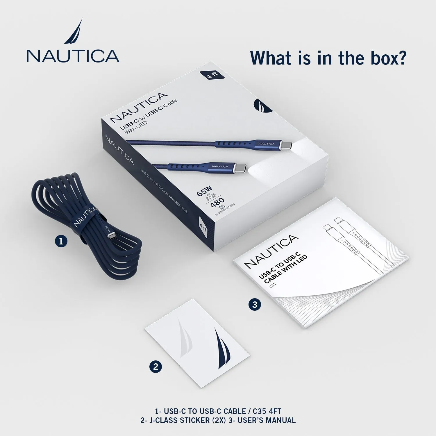 Nautica USB-C To USB-C Cable 4ft With LED C35 - Navy