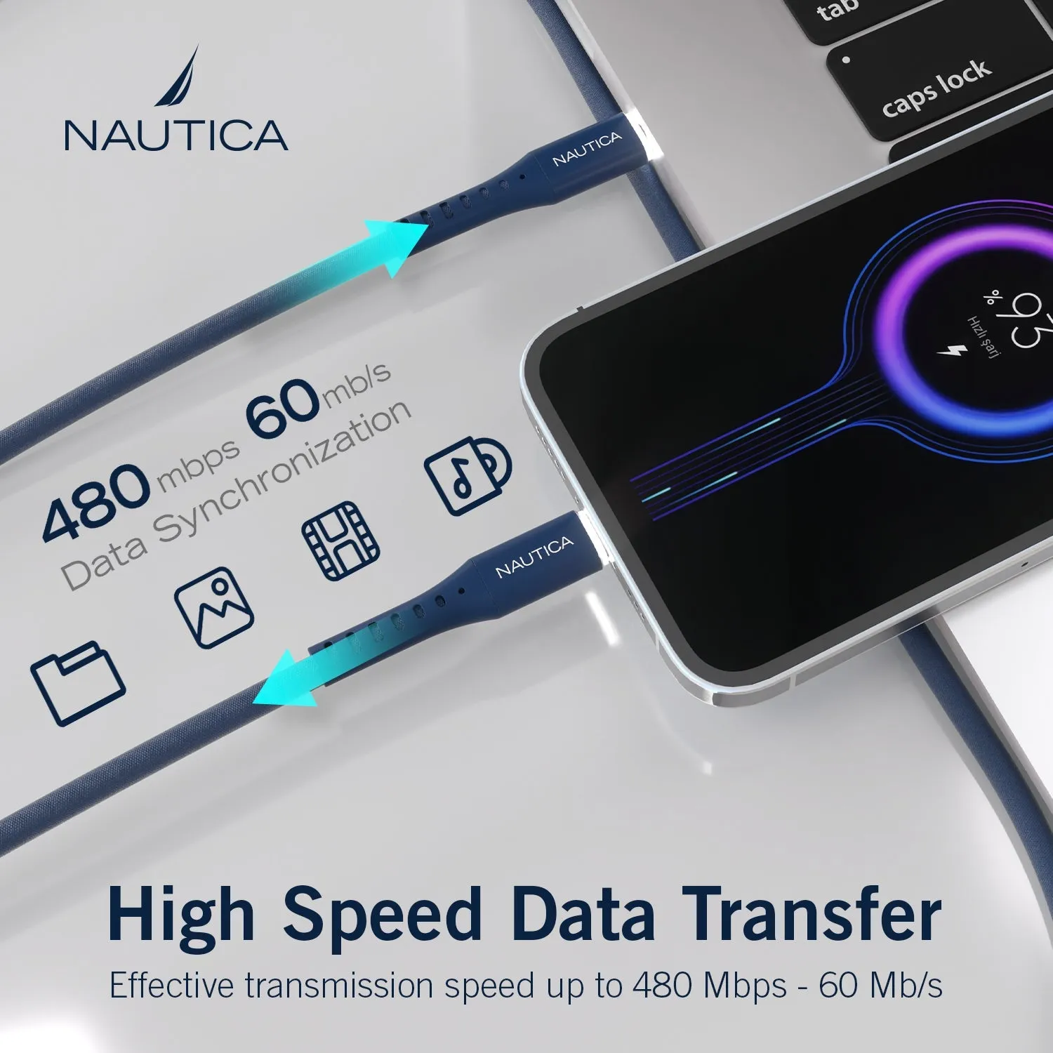 Nautica USB-C To USB-C Cable 4ft With LED C35 - Navy
