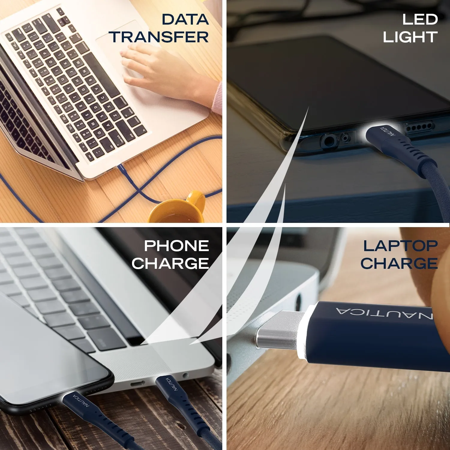 Nautica USB-C To USB-C Cable 4ft With LED C35 - Navy