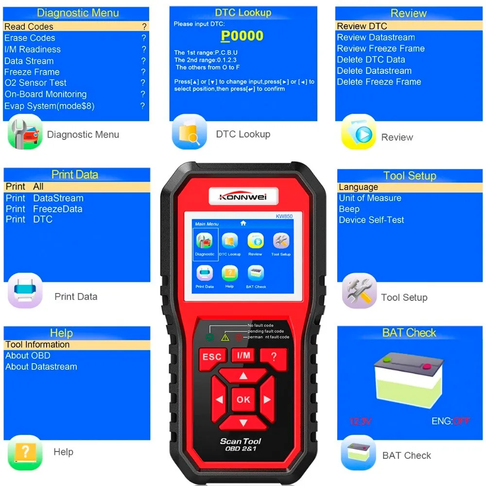 OBD2 ODB2 Scanner Auto Diagnostic Scanner KONNWEI KW850 Full Function Car Diagnosis Car Scanner Universal OBD Engine Code Reader (KW850)