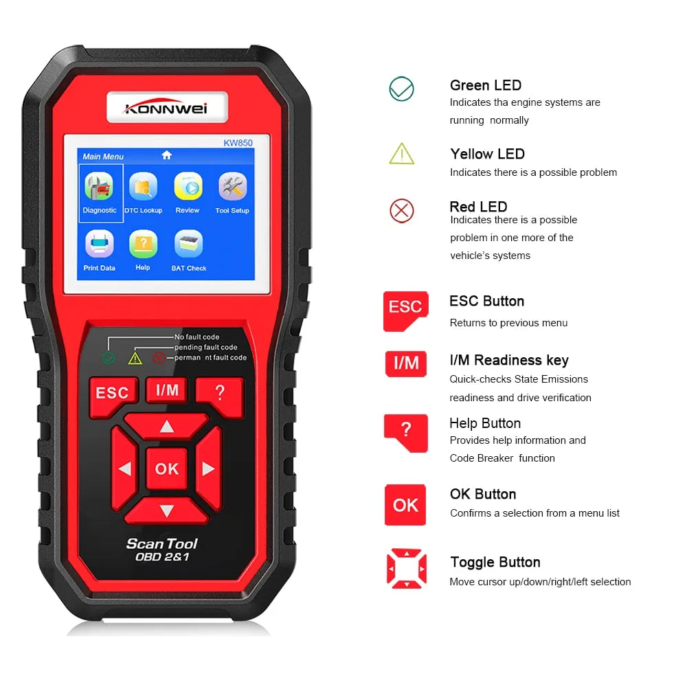 OBD2 ODB2 Scanner Auto Diagnostic Scanner KONNWEI KW850 Full Function Car Diagnosis Car Scanner Universal OBD Engine Code Reader (KW850)