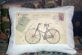 Pillow Cover with vintage French post card with bike, French Country Decor