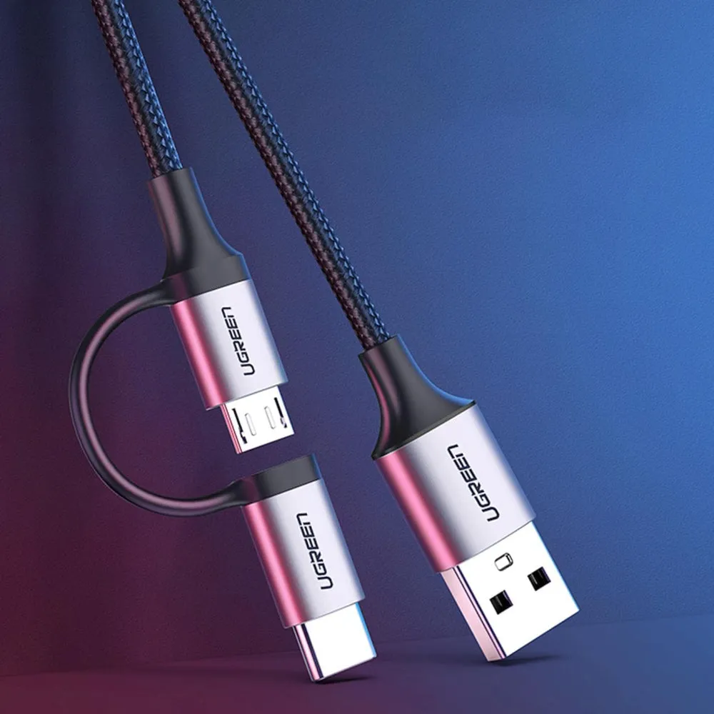 UGREEN 1m USB A to Micro USB   USB Type C Cable with Fast Charging Feature, 480 Mbps of Data Transfer, and Aluminum Alloy   Nylon Braided Material for Windows, Mac OS, Linux, and Smartphones